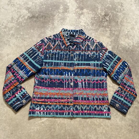 Chicos 2‎ L 12 Jacket Womens Ribbon Embellished Striped Denim Cotton Multicolor